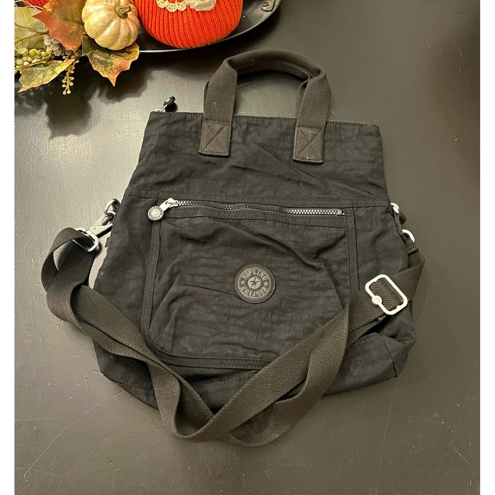 Kipling Black Nylon Shoulder Bag Top Handle Zip Lined Pockets Detachable Strap